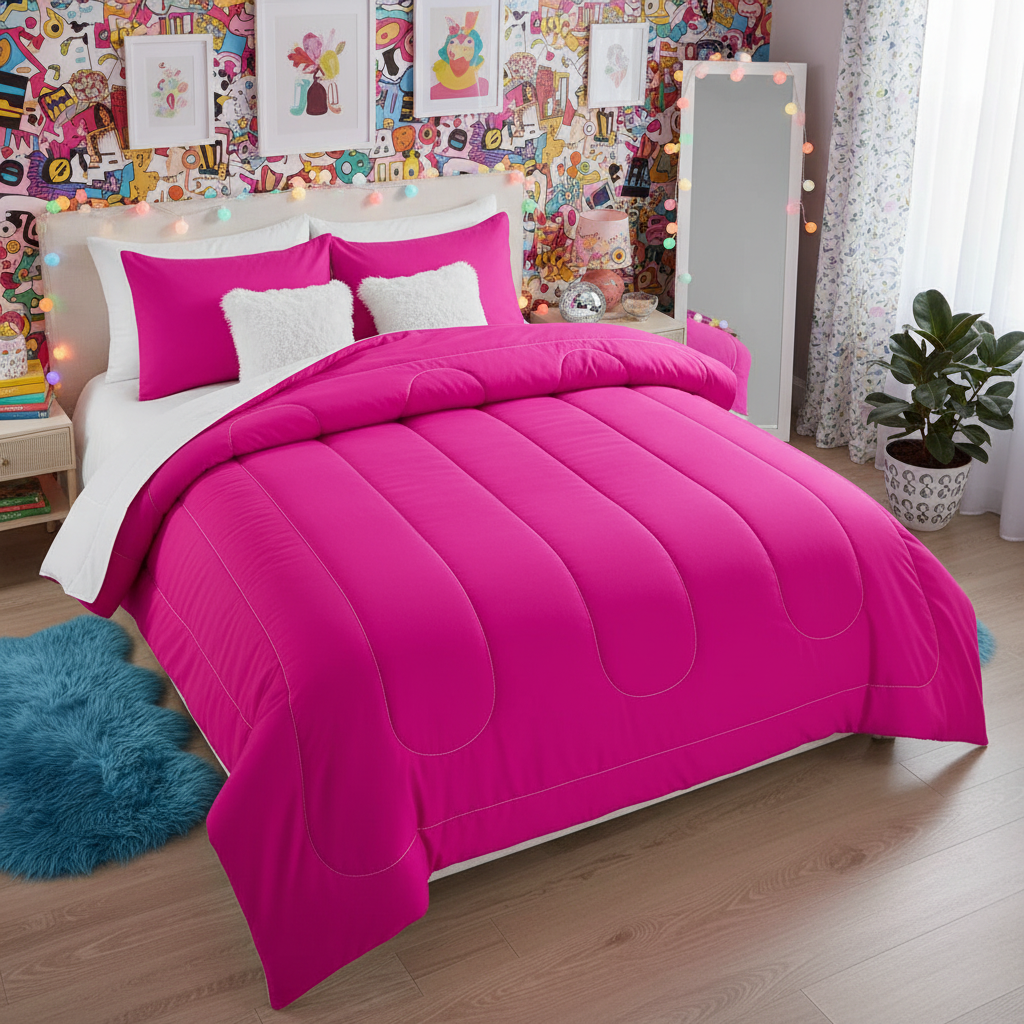 Hot pink comforter set with channel-quilt stitching and matching pillow shams