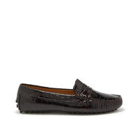 Brown patent leather penny loafer with glossy croc-effect finish and stitched apron toe
