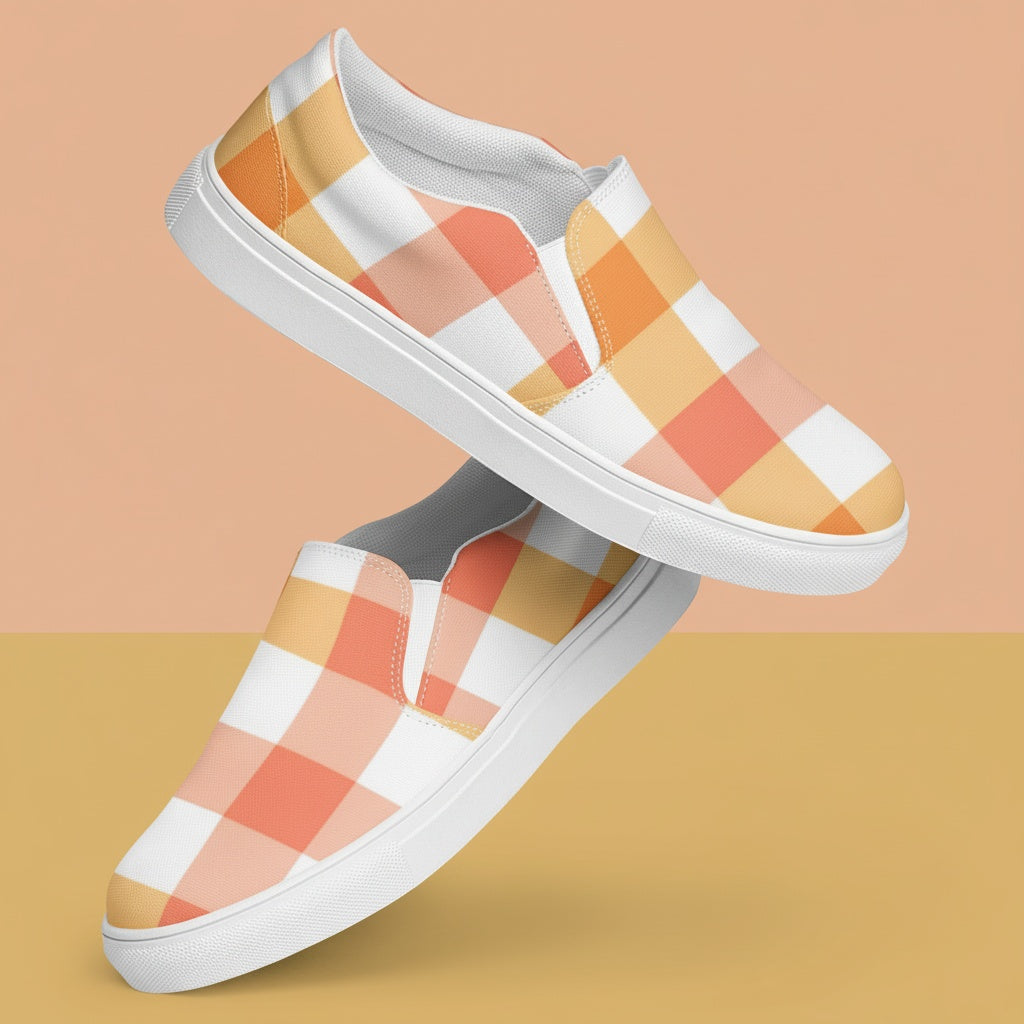 Peach Gingham Womens Canvas Shoes Red | Patterned Picnic Slip-Ons
