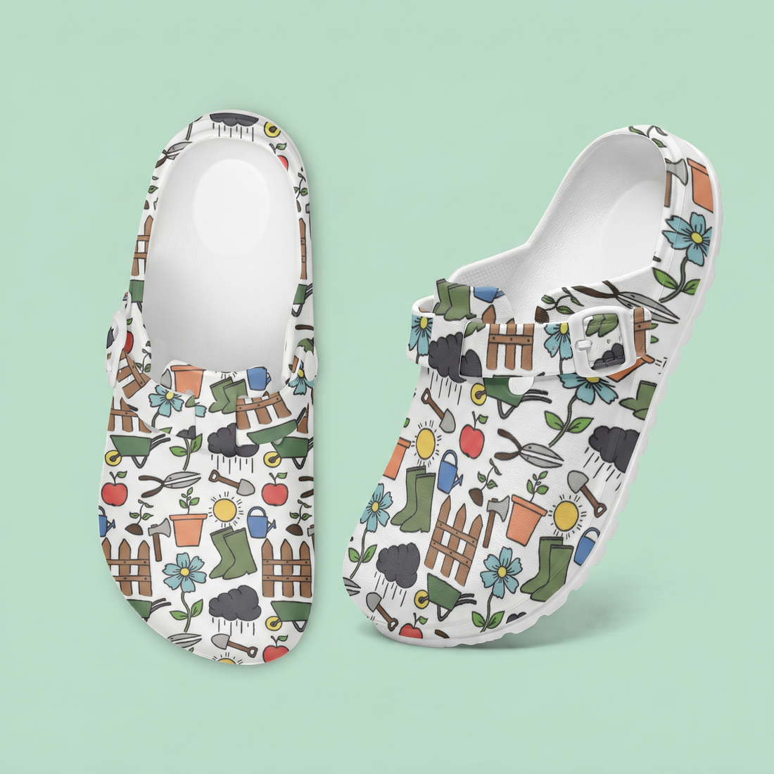 White Comfortable Garden EVA Clogs for Women with Gardening Icons Design