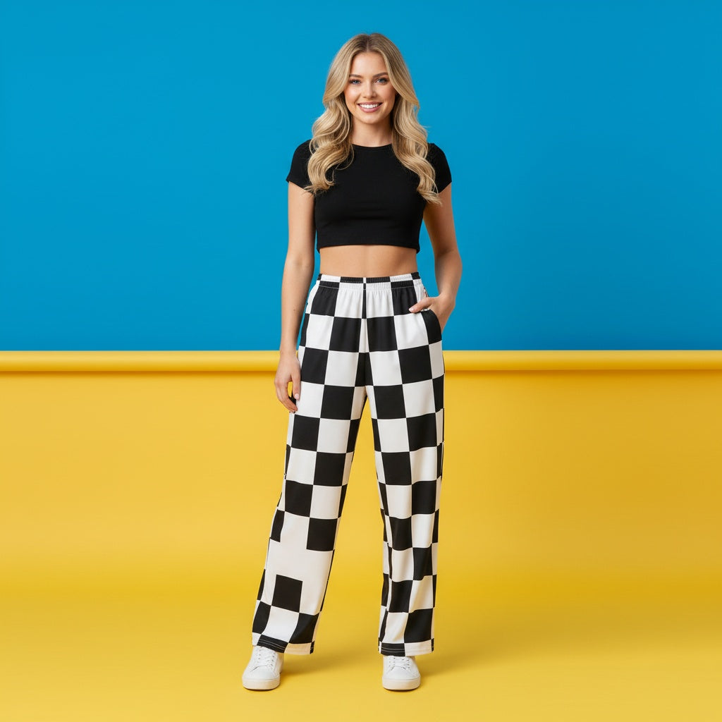 Checkered Wide Leg Pants | Grid Plaid Skater Aesthetic Monochrome Streetwear