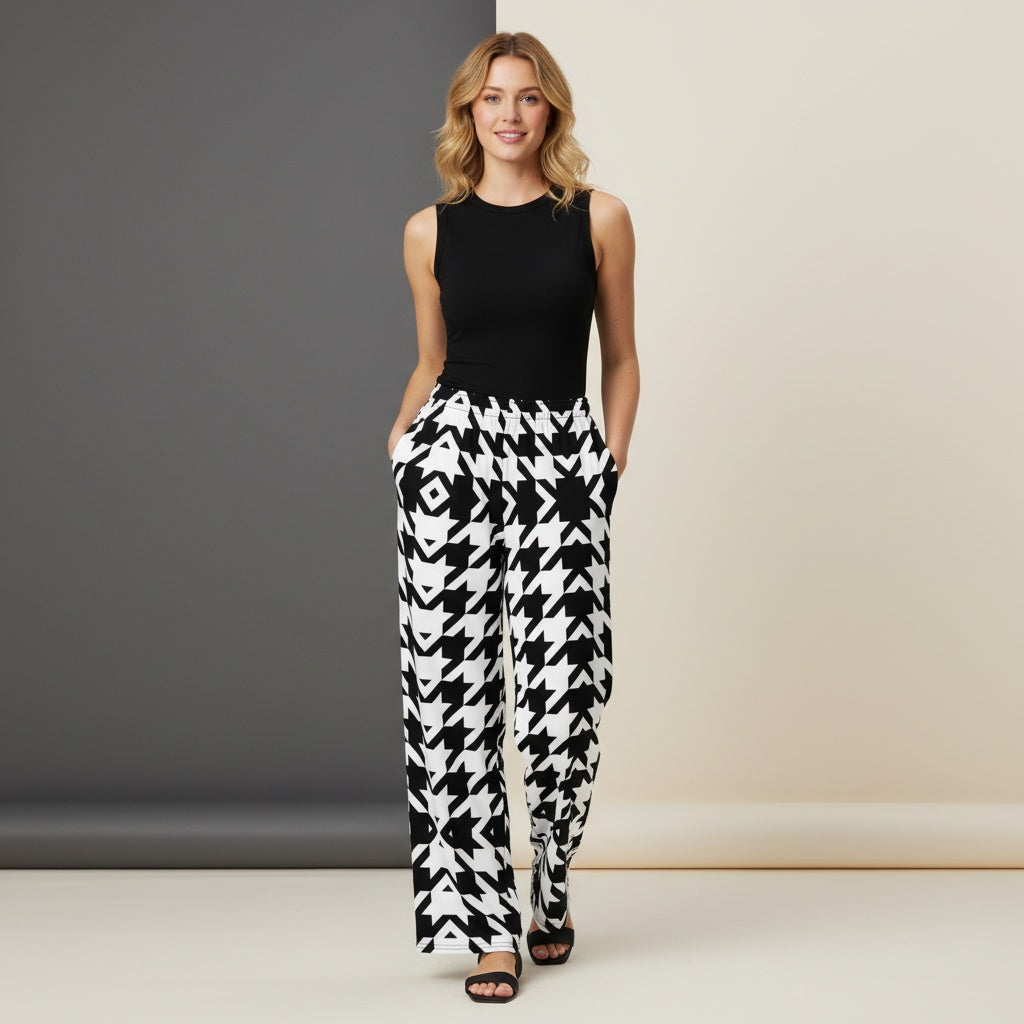Houndstooth Wide Leg Pants | Vintage Retro Monochrome Classic Streetwear Joggers