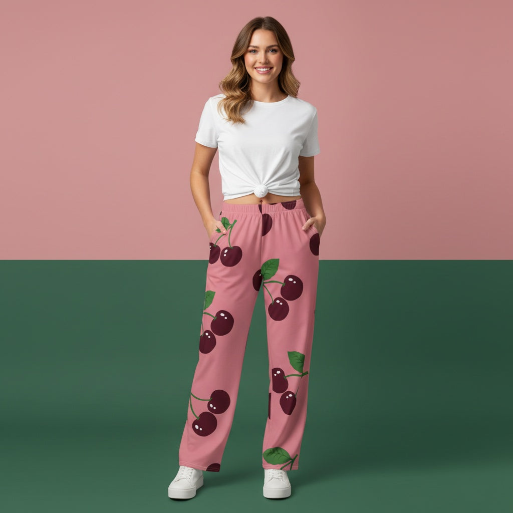 Elastic Waist Wide Leg Pants | Cherry Print Streetwear Baggy Joggers