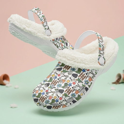 White Fleece Lined Garden Shoes Clogs with Gardening Icons Design