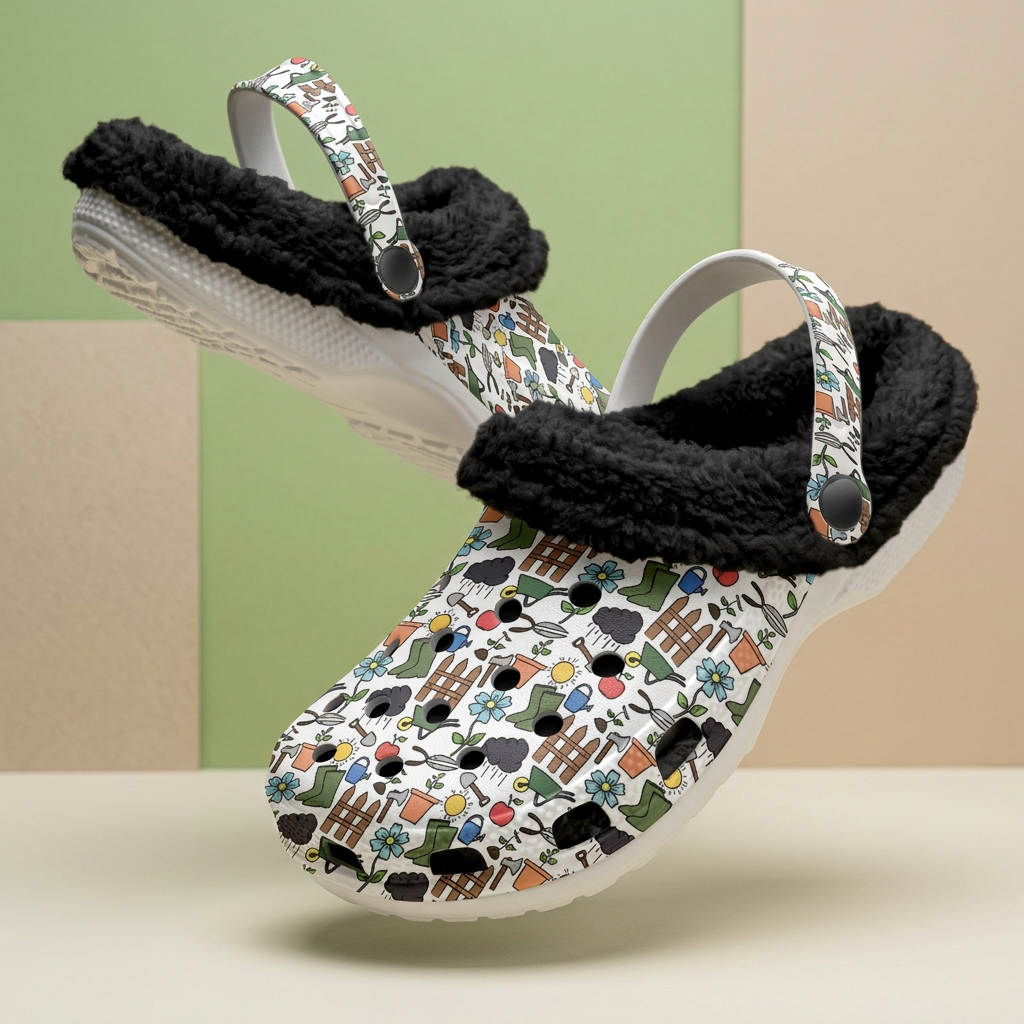 White Fleece Lined Garden Shoes Clogs with Gardening Icons Design