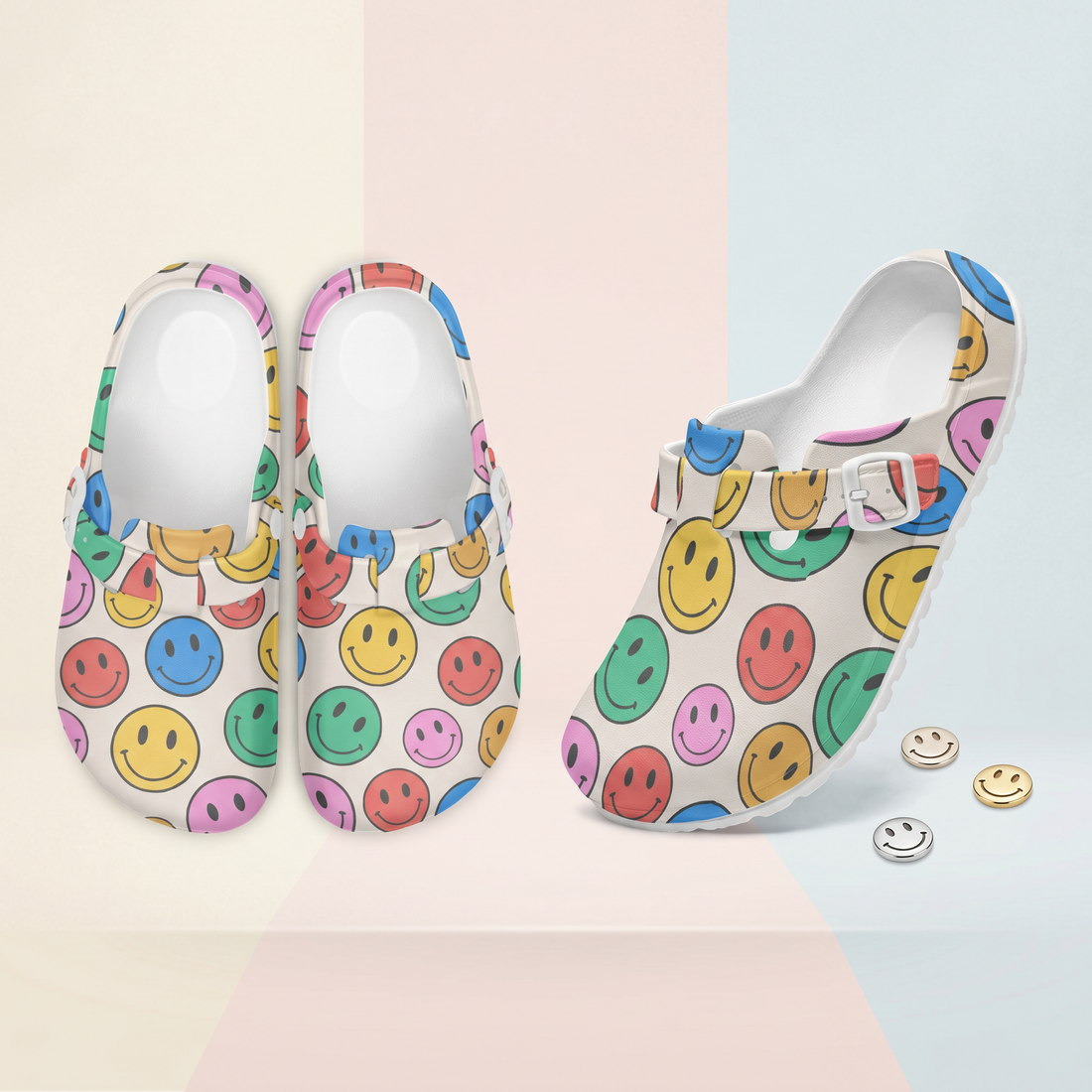 Smiley Face Funky Clogs For Women Multi Coloured Work Shoes