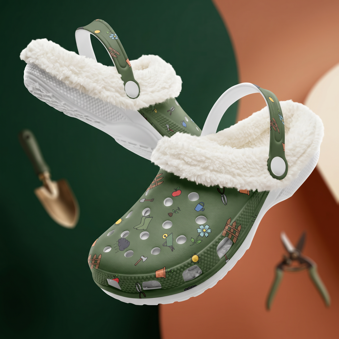 Forest Green Fleece Lined Garden Shoes Clogs with Gardening Icons Design