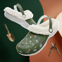 Forest Green Fleece Lined Garden Shoes Clogs with Gardening Icons Design