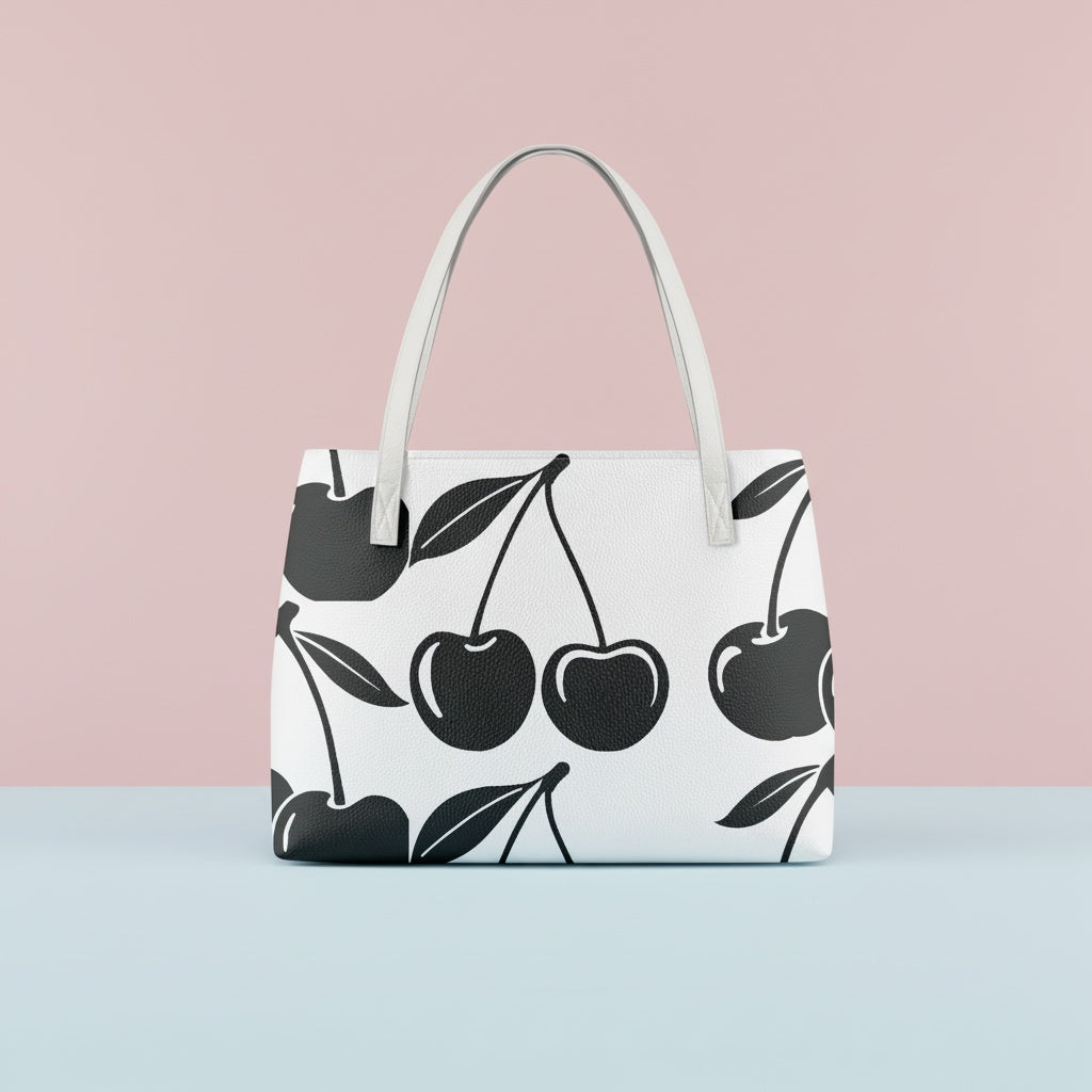 Handbag Cherry | Waterproof Shoulder Tote with Black Cherries on White