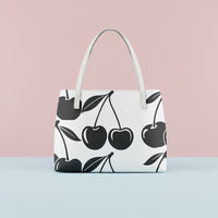 Handbag Cherry | Waterproof Shoulder Tote with Black Cherries on White