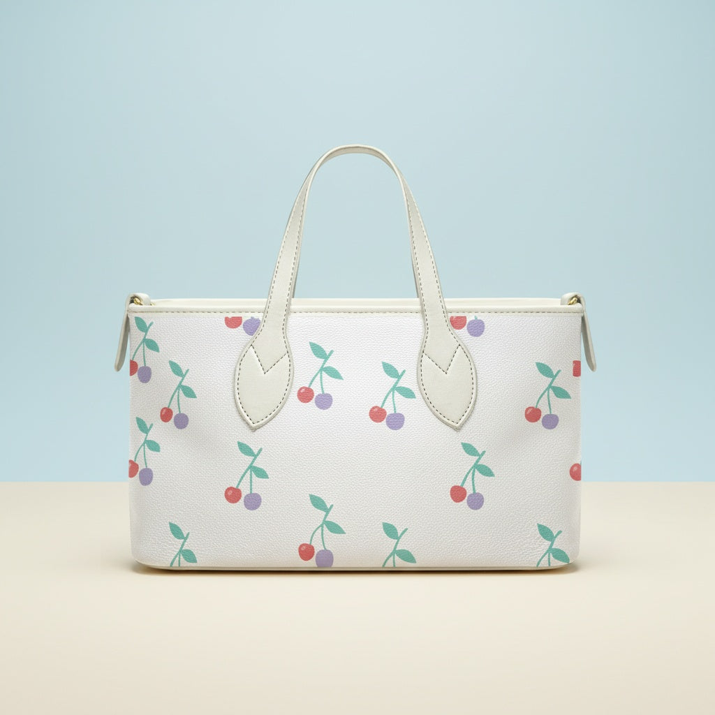 Cherry Handbag | Small Handheld Tote with Red & Lilac Cherries on Cream