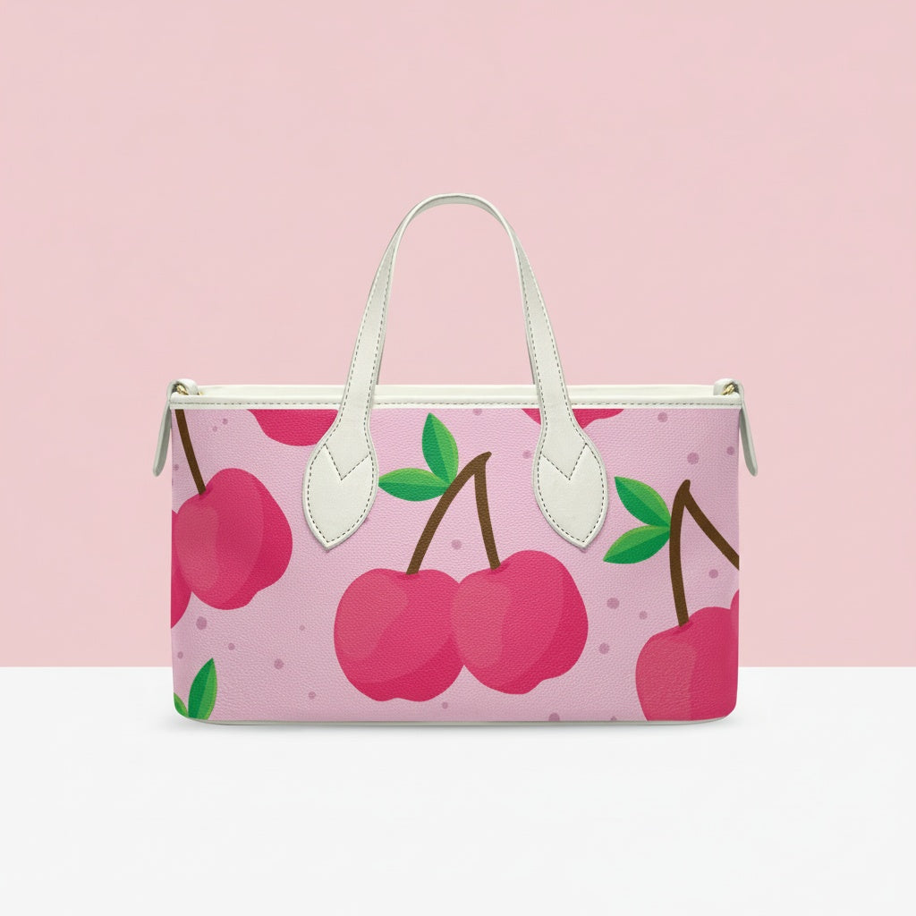Cherry Handbag | Small Handheld Tote with Pink Cherries & Pink Background