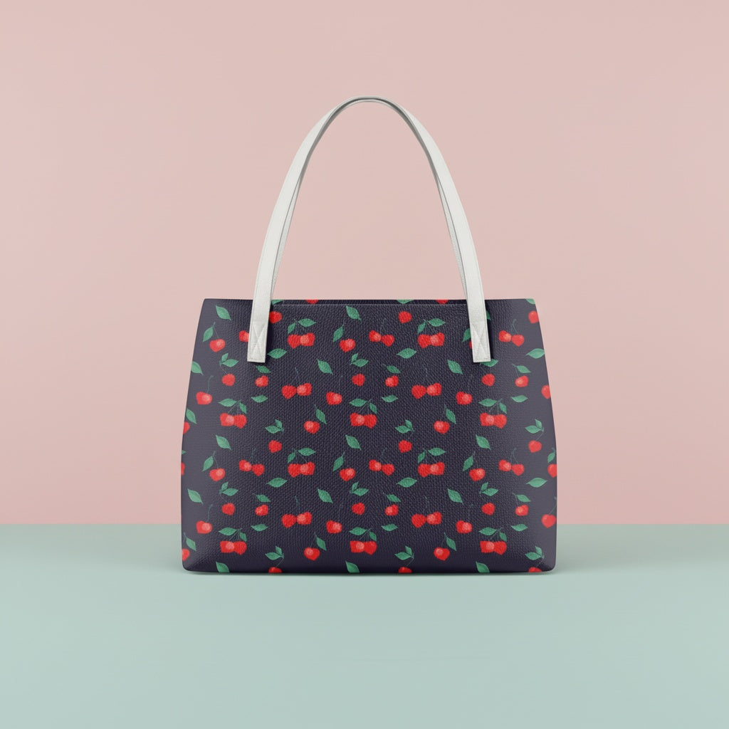Handbag Cherry | Waterproof Shoulder Tote in Navy with Red Cherries