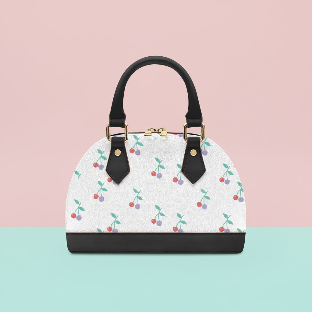 Handbag Cherry | Convertible Shell Crossbody with Red & Lilac Cherries on Cream