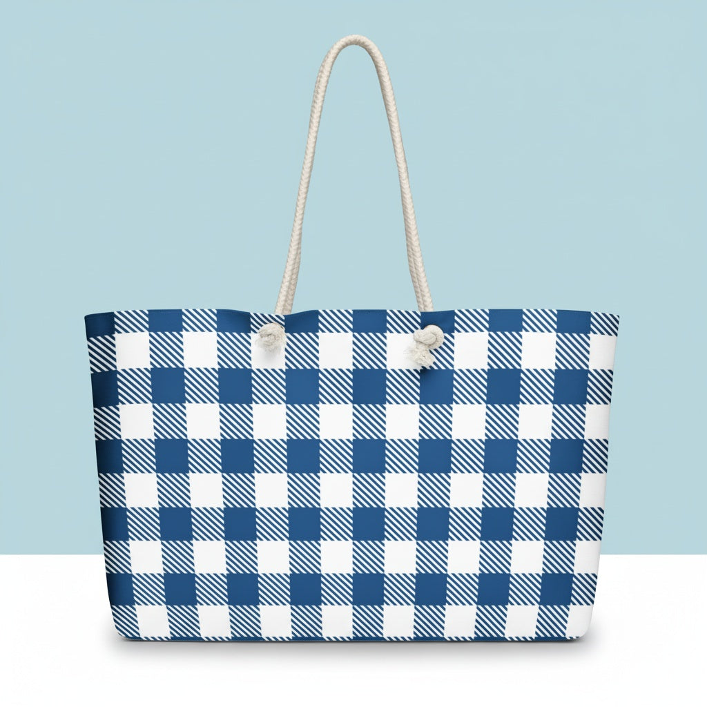 Navy Gingham Canvas Tote Bags | Sophisticated Oversized Weekender