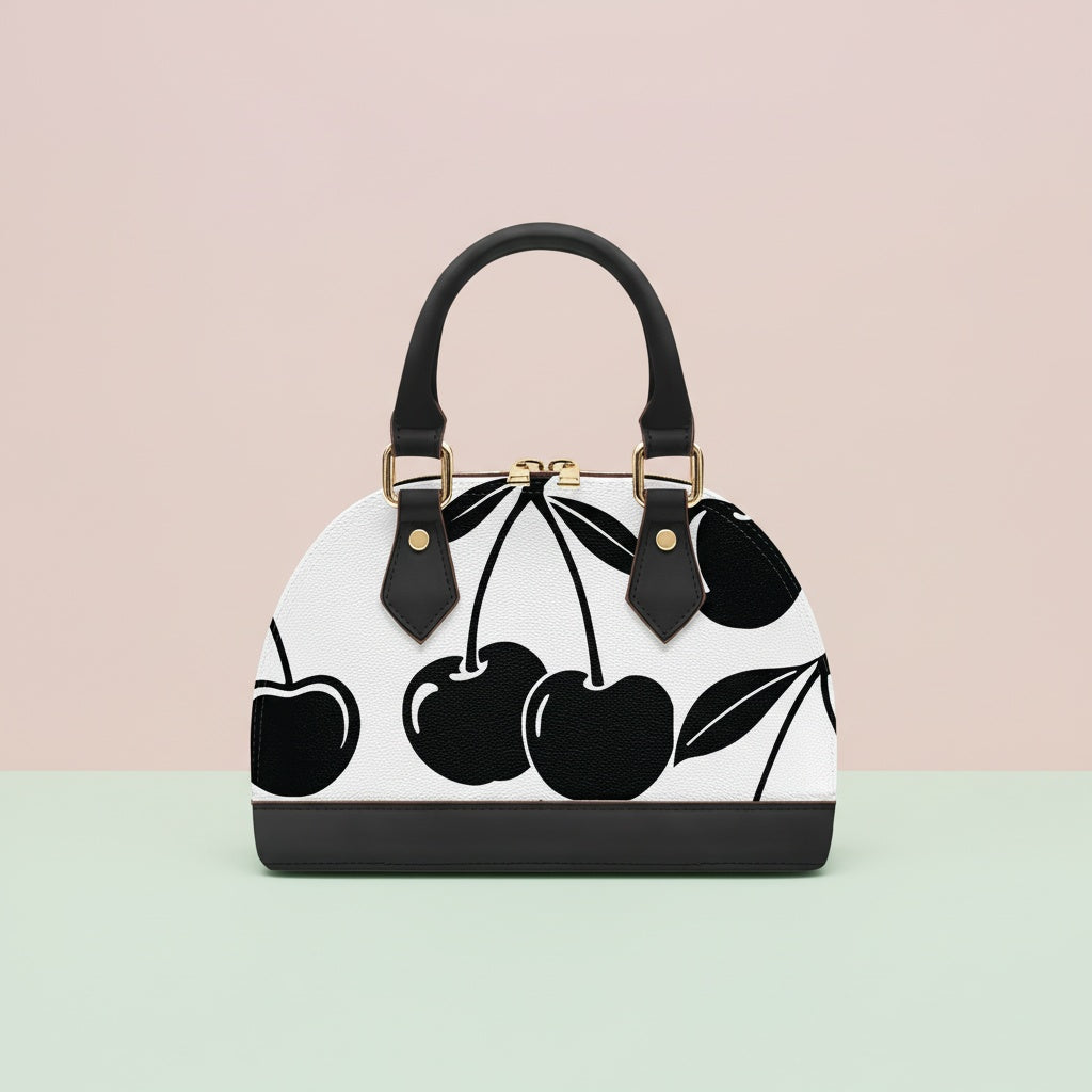 Handbag Cherry | Convertible Shell Crossbody with Black Cherries on White