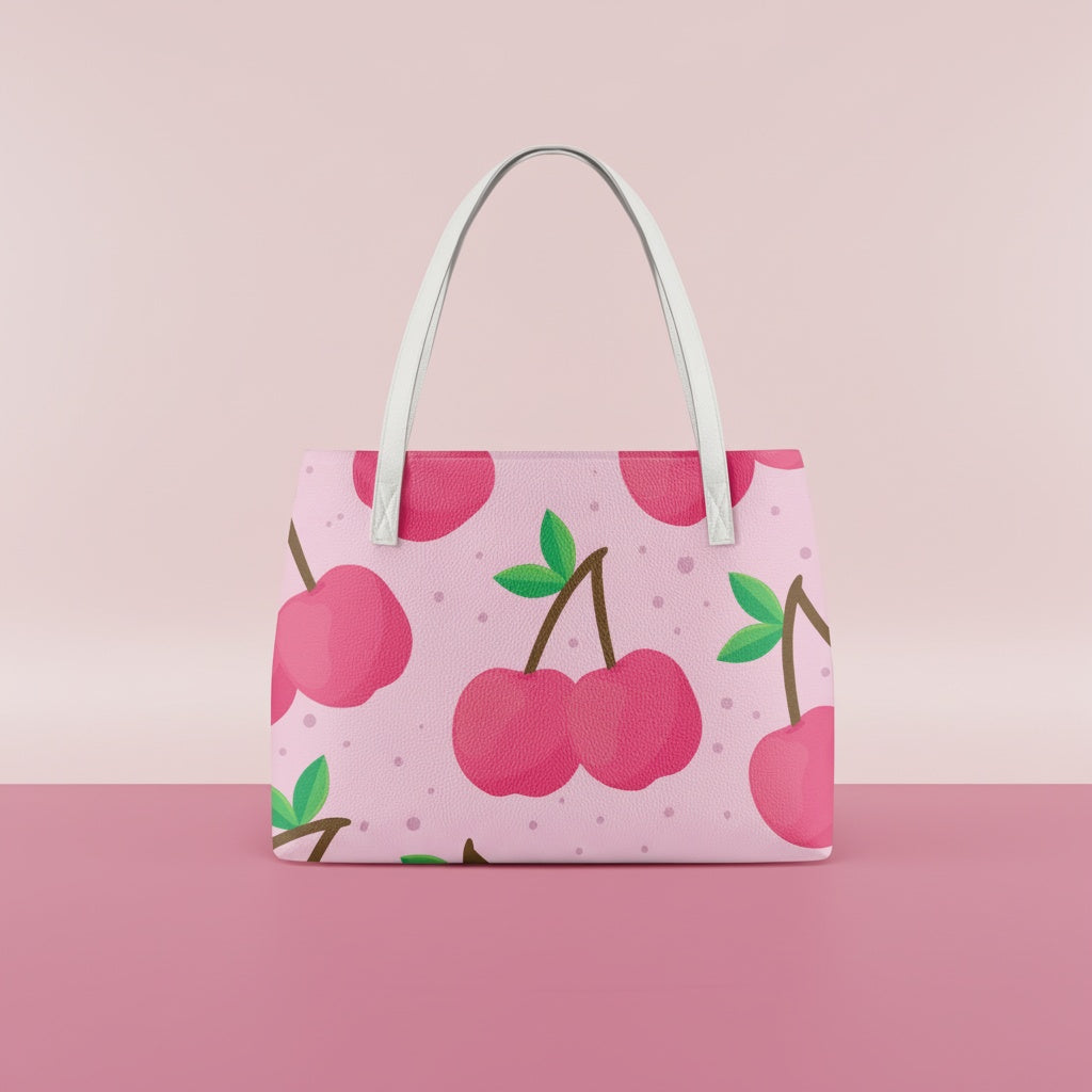Handbag Cherry | Waterproof Shoulder Tote with Pink Cherries & Pink Background