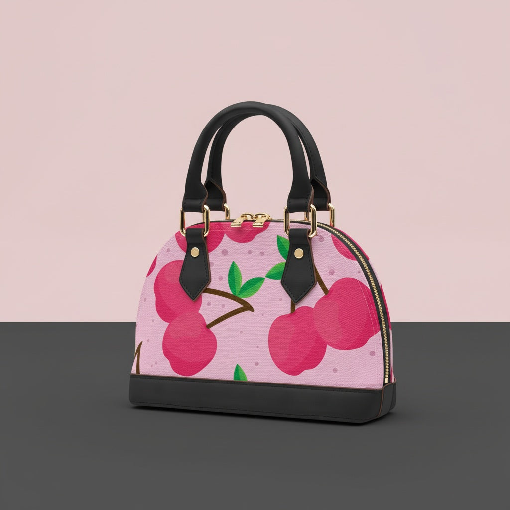 Handbag Cherry | Convertible Shell Crossbody with Pink Cherries & Pink Background