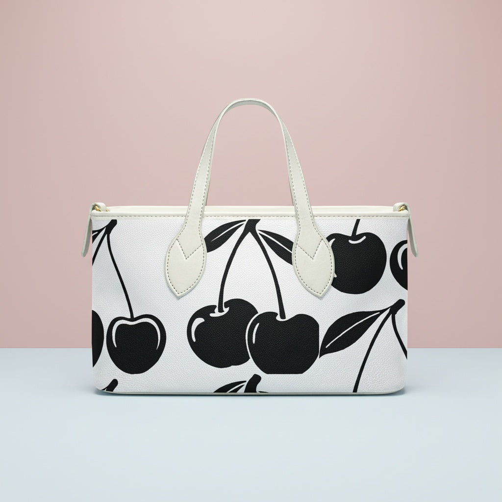 Cherry Handbag | Small Handheld Tote with Black Cherries on White
