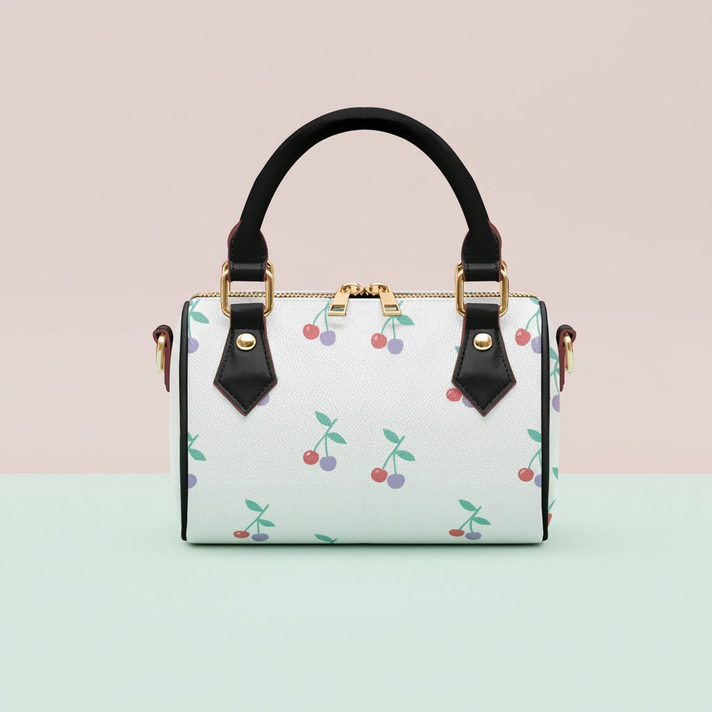 Cherry Handbag | Chic Crossbody Bag with Red & Lilac Cherries on Cream