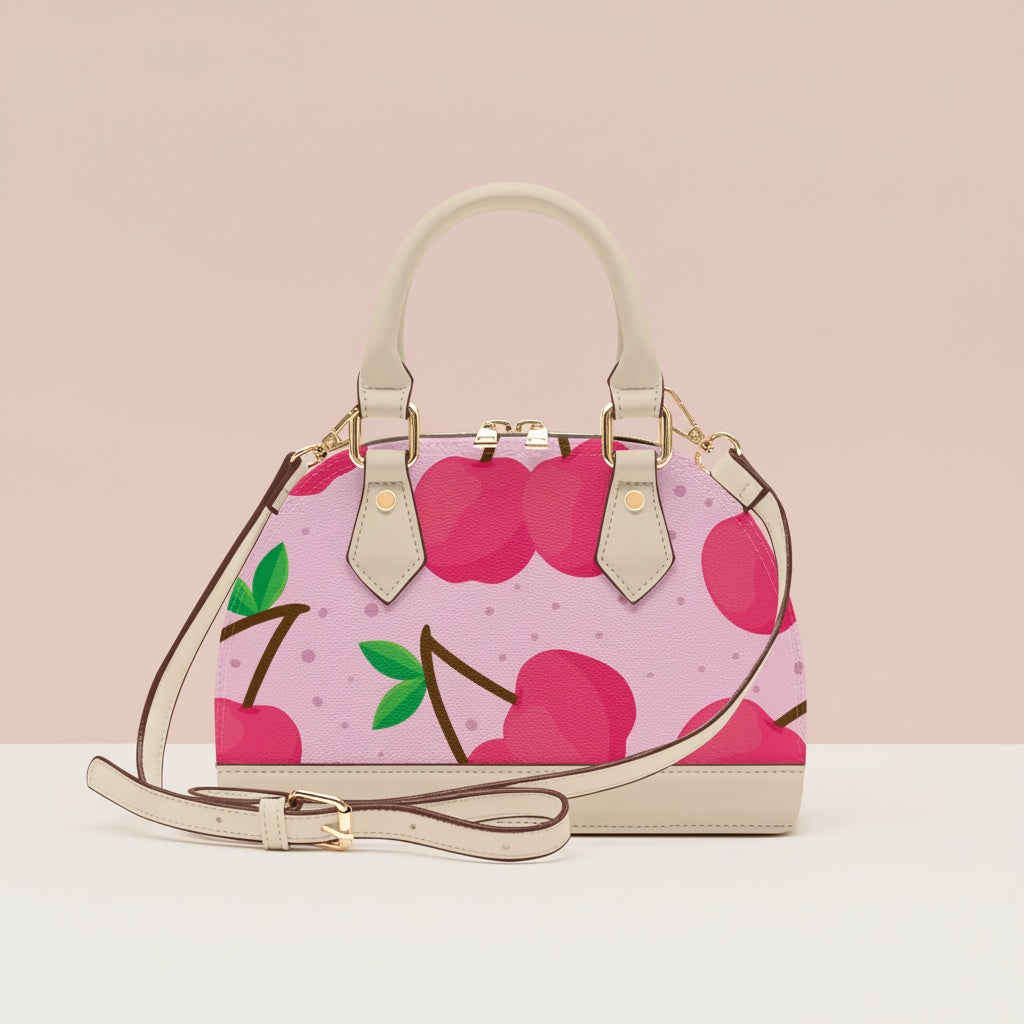 Handbag Cherry | Convertible Shell Crossbody with Pink Cherries & Pink Background