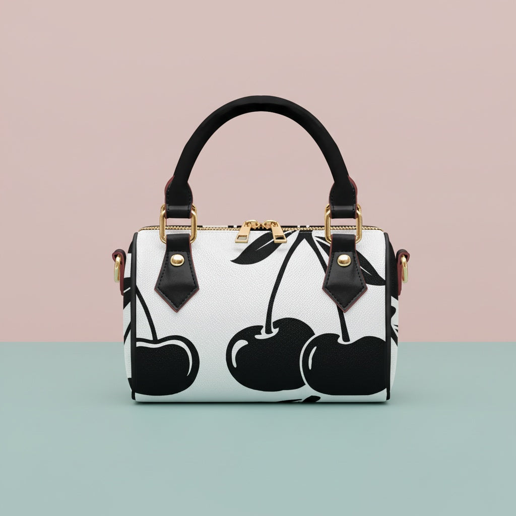 Cherry Handbag | Chic Crossbody Bag with Black Cherries on White