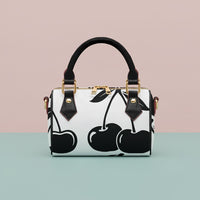 Cherry Handbag | Chic Crossbody Bag with Black Cherries on White