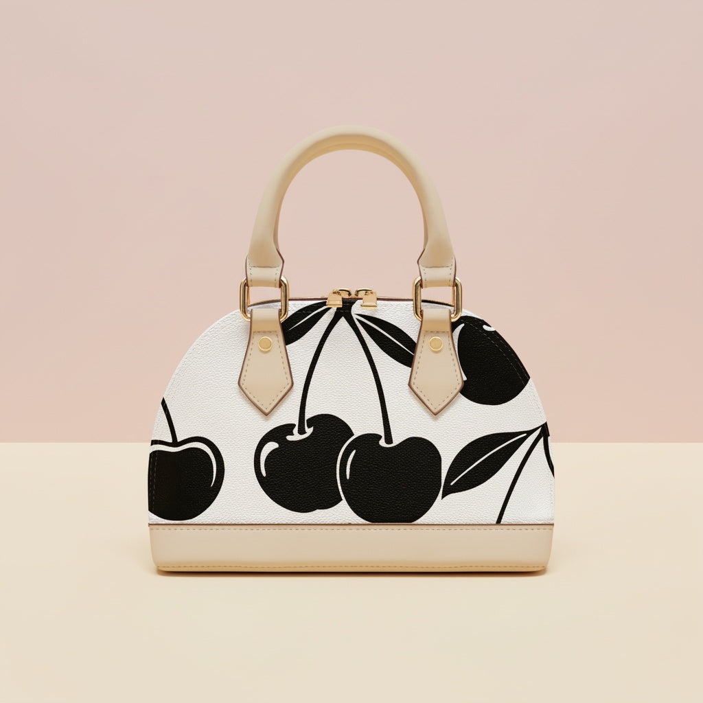 Handbag Cherry | Convertible Shell Crossbody with Black Cherries on White