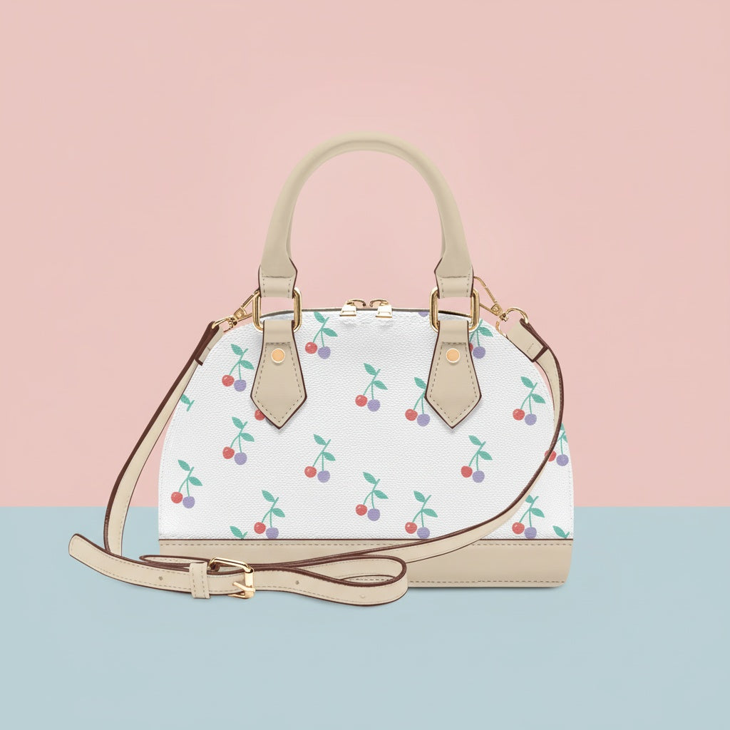 Handbag Cherry | Convertible Shell Crossbody with Red & Lilac Cherries on Cream