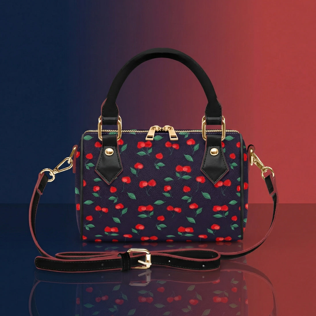 Cherry Handbag | Chic Crossbody Bag in Navy with Red Cherries