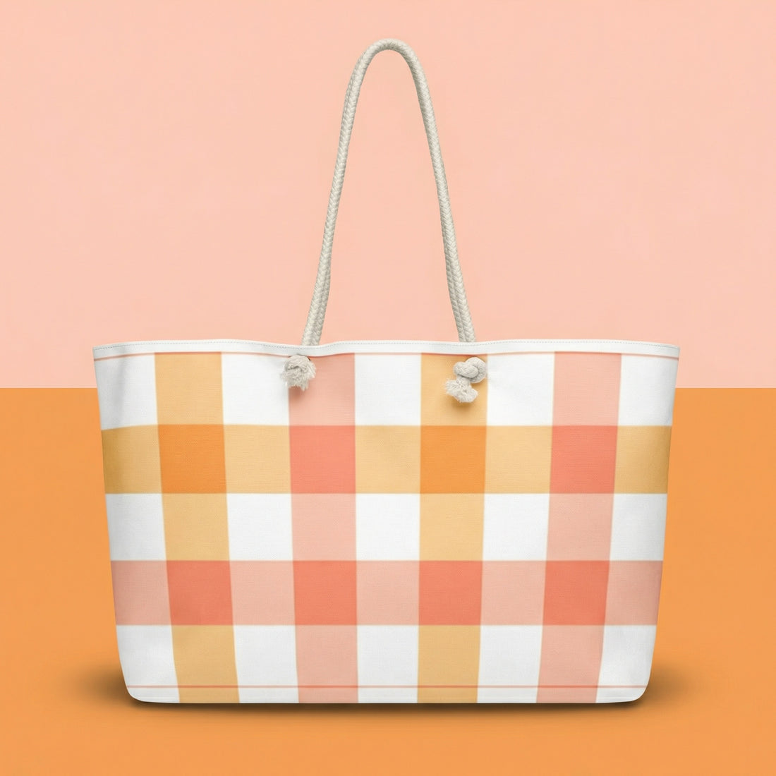 Peach Gingham Canvas Tote Bags | Patterned Oversized Weekender