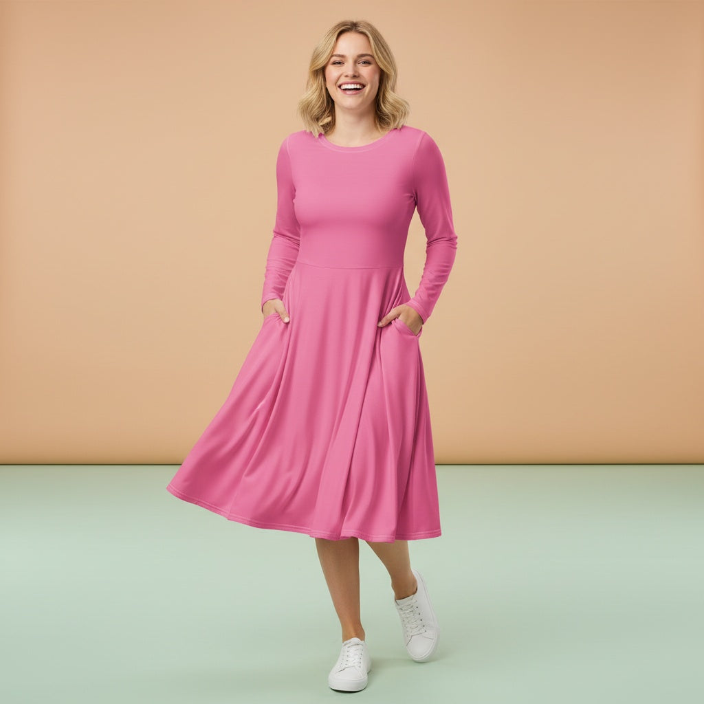 Light Pink Modest Dress | Soft Pastel Pink Long Sleeve Midi Dress with Pockets