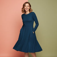 Navy Blue Modest Dresses | Classic Indigo Long Sleeve Midi Dress with Pockets