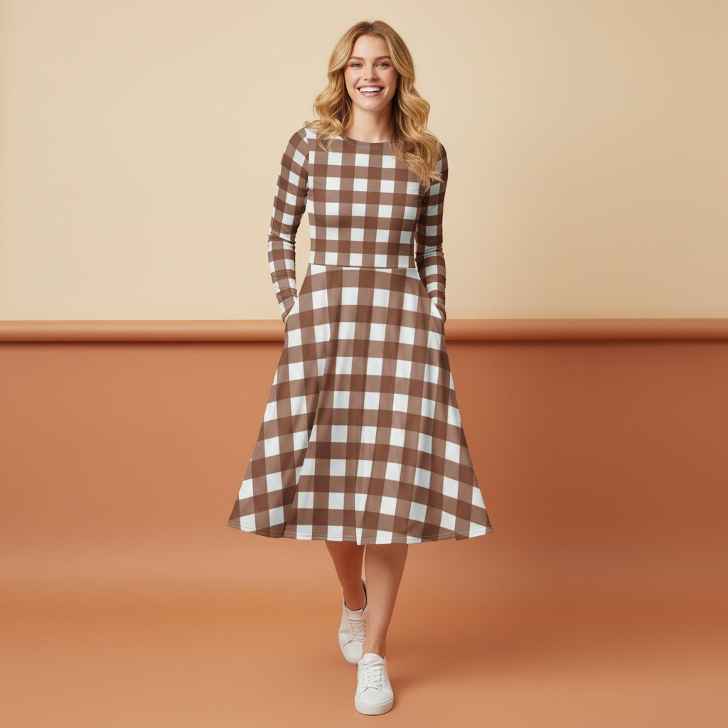 Brown Gingham Midi Dress | Vintage Plaid Long Sleeve Midi Dress with Pockets