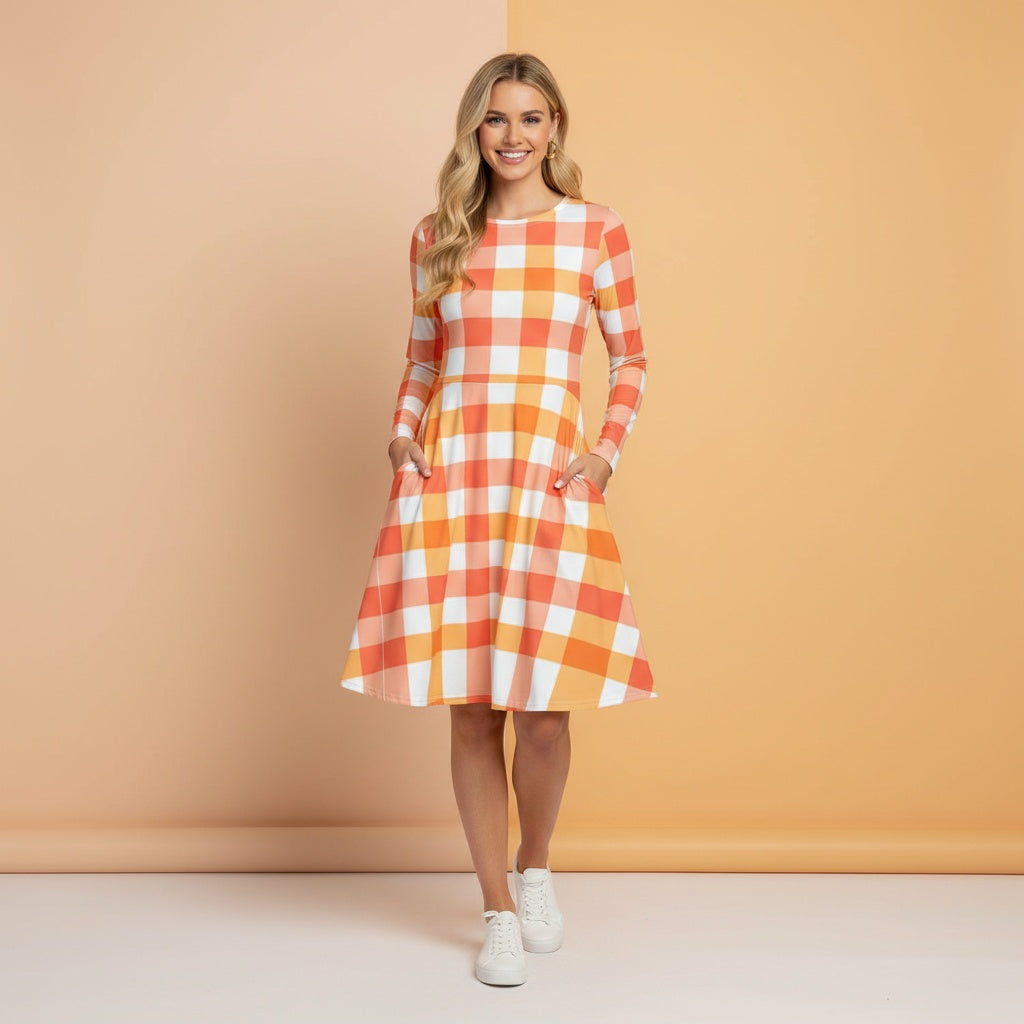 Peach Gingham Dress | Soft Pastel Plaid Long Sleeve Midi Dress with Pockets