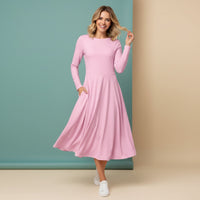 Pink Modest Dresses | Light Pink Long Sleeve Midi Dress for Women