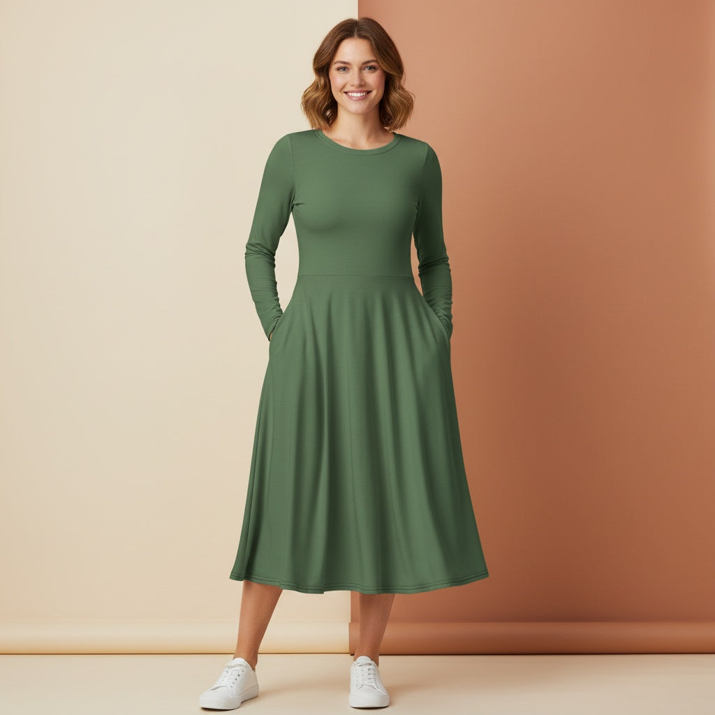 Hazel Green Dress | Deep Earthy Long Sleeve Midi Dress with Pockets