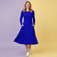 Modest Royal Blue Dress | Elegant Cobalt Long Sleeve Midi Dress with Pockets
