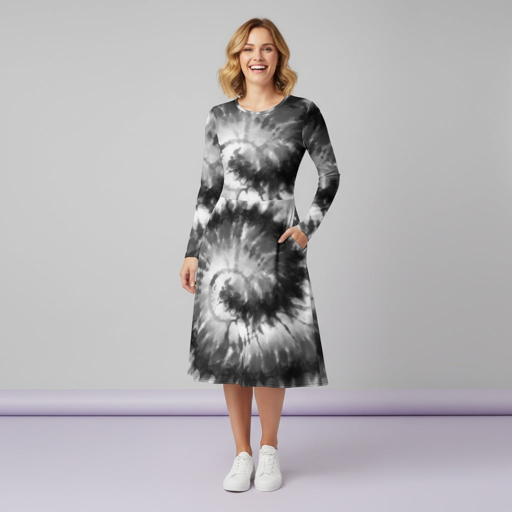 Black White Tie Dye Dress | Monochrome Psychedelic Midi Dress with Pockets