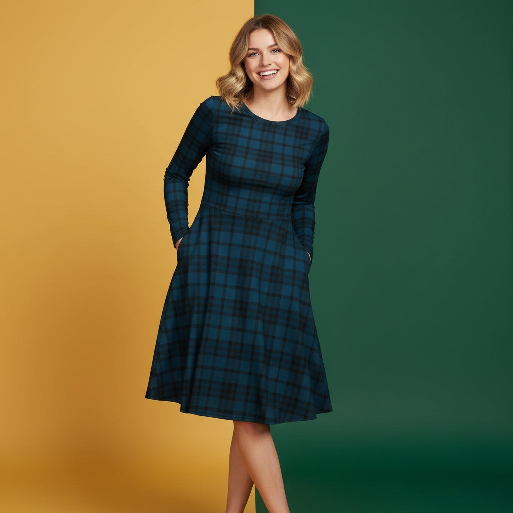 Navy Tartan Dress | Classic Blue Plaid Long Sleeve Midi Dress with Pockets