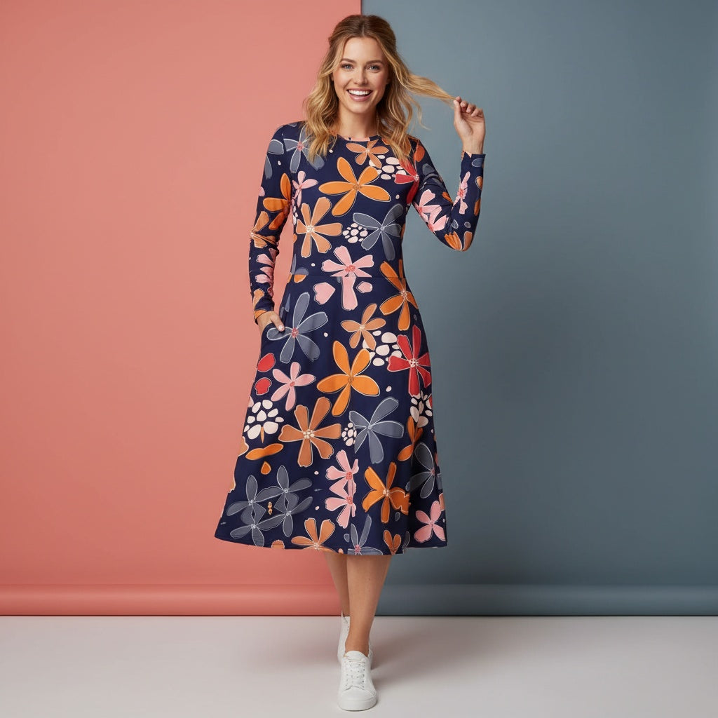 Modest Floral Dress | Botanical Flower Long Sleeve Midi Dress with Pockets