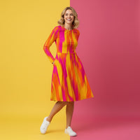Tie Dye Dress Orange | Vibrant Sunset Long Sleeve Midi Dress with Pockets