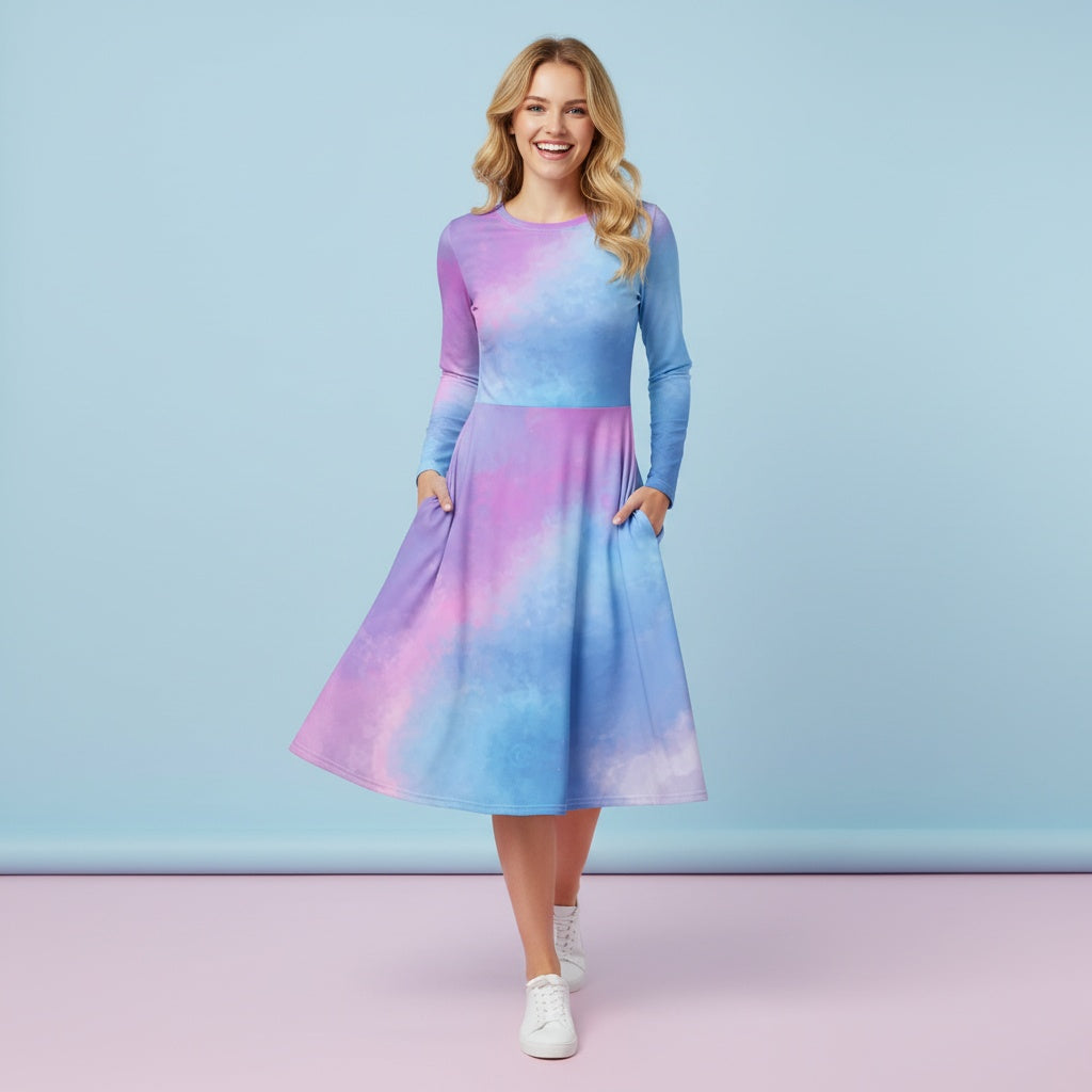 Tie Dye Ombre Dress | Artistic Gradient Long Sleeve Midi Dress with Pockets