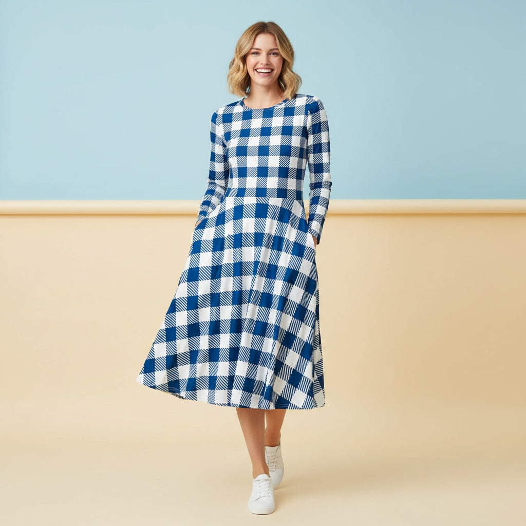 Gingham Navy Dress | Navy and White Long Sleeve Midi Dress with Pockets