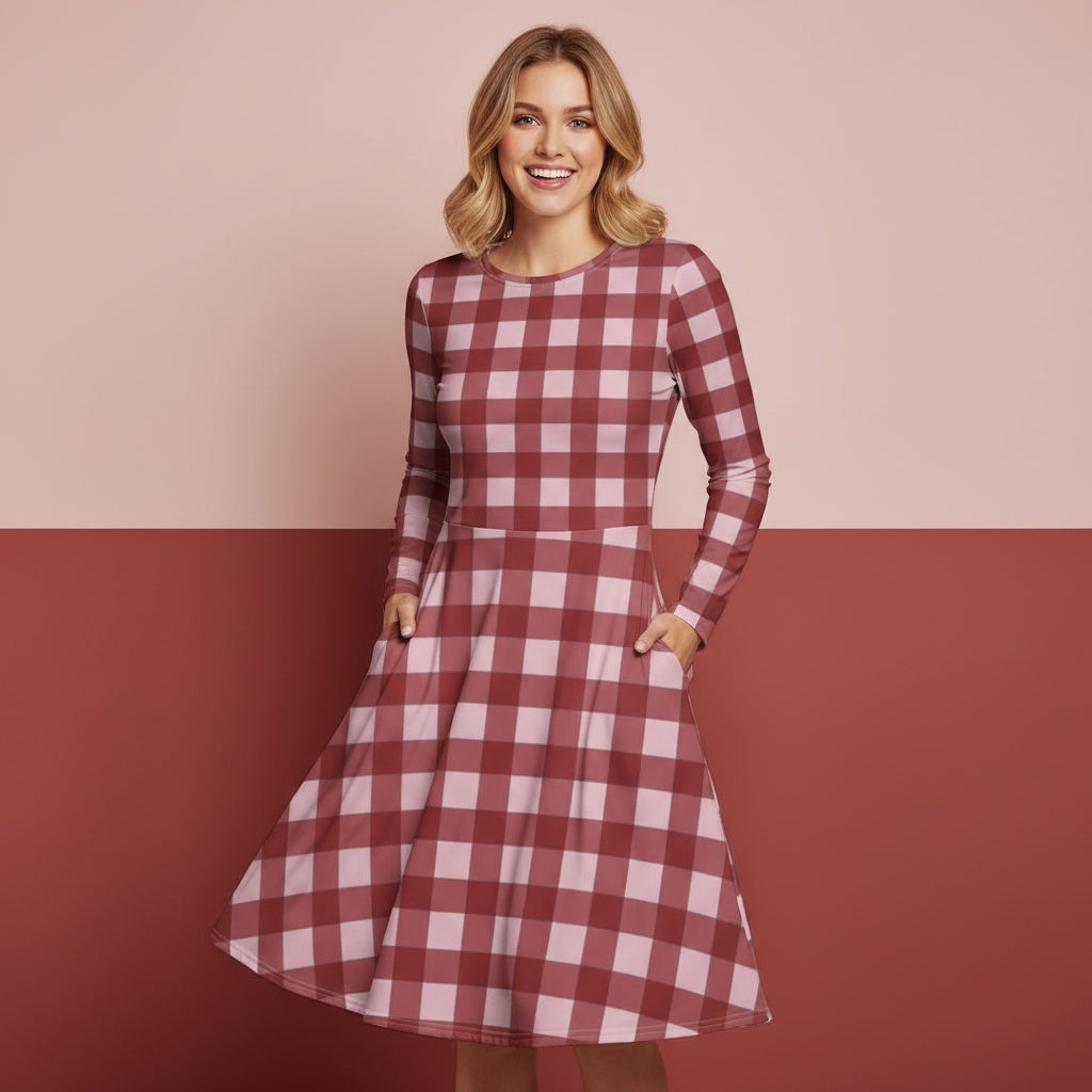 Maroon Gingham Dress | Dark Red and White Plaid Midi Dress with Pockets