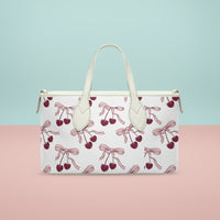Cherry Handbag | Small Handheld Tote with Deep Red Cherries & Pink Bows