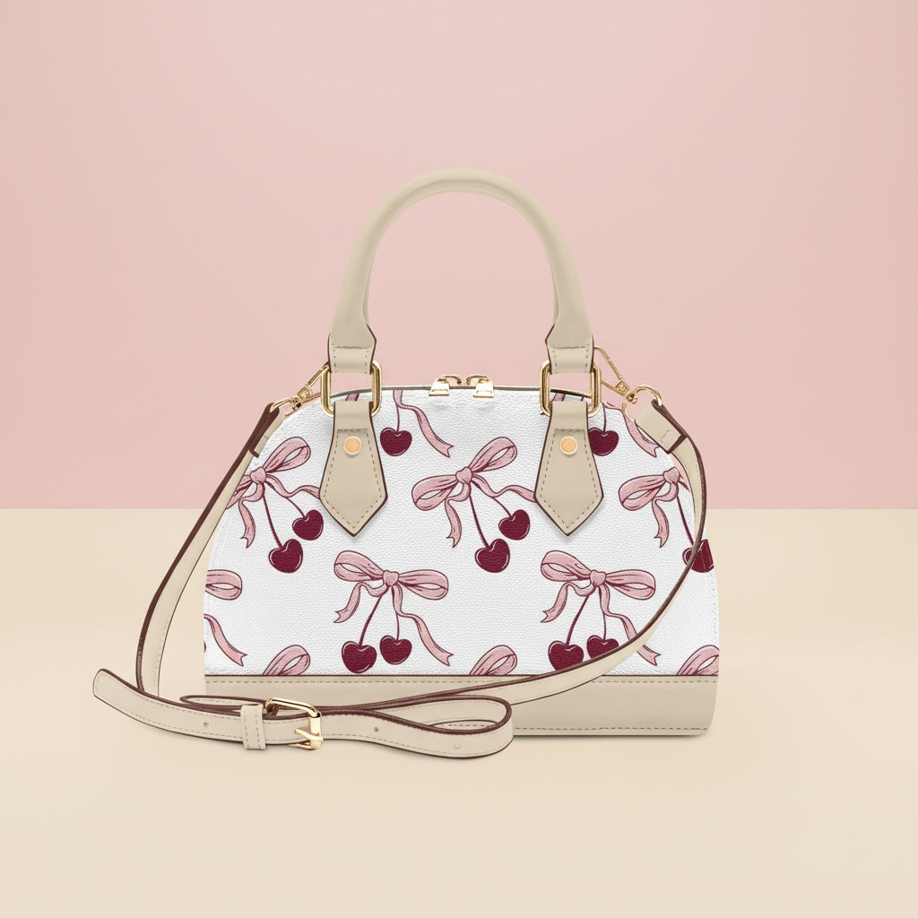 Handbag Cherry | Convertible Shell Crossbody with Deep Red Cherries & Pink Bows