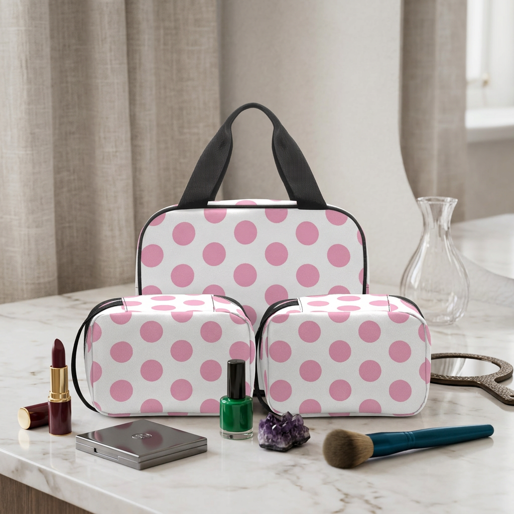 Light Pink Makeup Bag Polka Dot Set 3-Piece