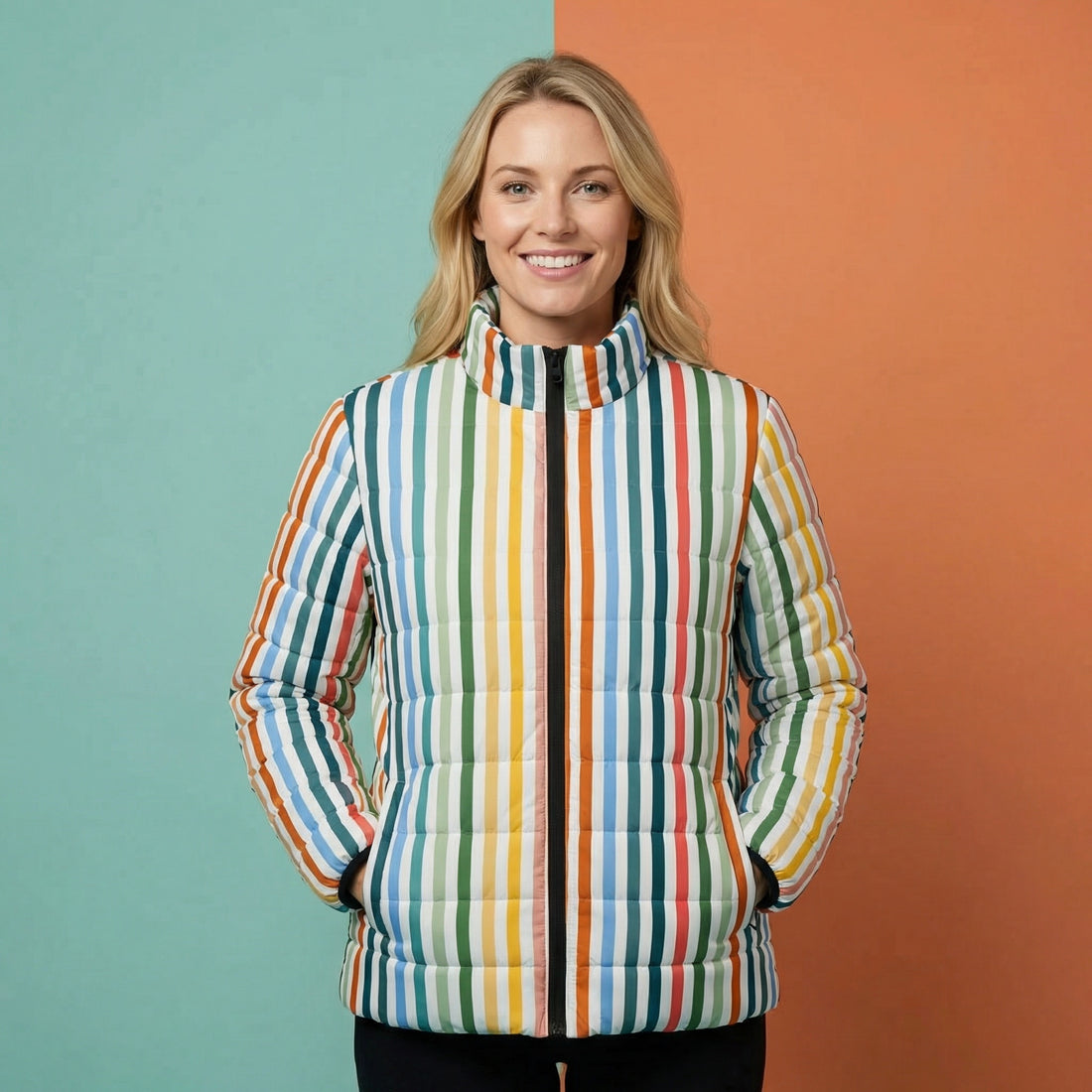 Puffer Ladies Coats | Trendy Multi Color Pinstripe Winter Coat