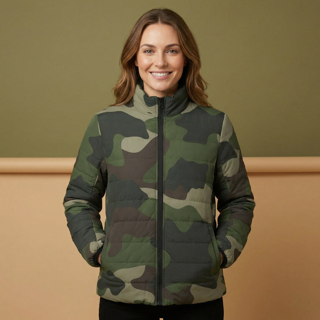 Camouflage Puffer Coat | Classic Green Camo Print Winter Jacket